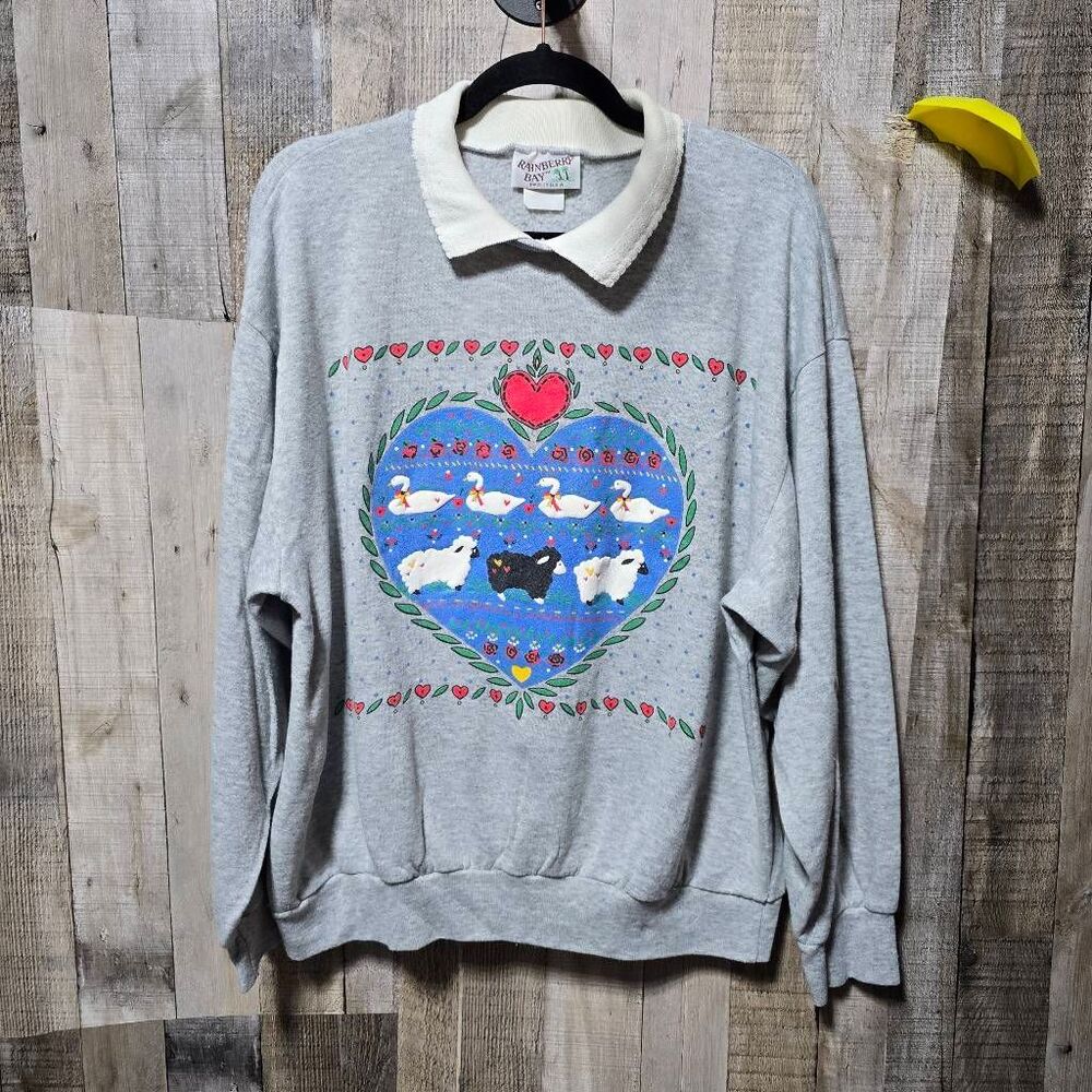 Rainberry Bay Vintage 90s Grey Sheep Duck Heart Sweatshirt Large Granny Retro